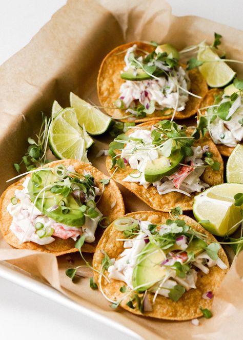 Crab Salad Tostadas Vegan Crab Salad, Coastal Mexican Food, Crab Salad Appetizer, Mexican Crab Salad, Mexican Crab Recipes, Seafood Tostadas, Ceviche Tostada, Crab Lunch Ideas, Crab Tostadas Recipe