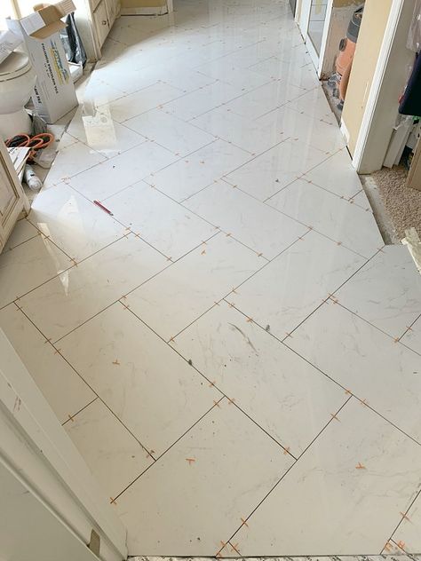 24x24 Bathroom Floor Tile, Straight Lay Tile Bathroom Floor, Multiple Tile Patterns In Bathroom, Large Rectangle Tile Bathroom, Rectangular Tile Patterns, Studio Mcgee Bathroom Floor Tile, Bathroom Floor Tile Rectangular, 12x24 Bathroom Floor Tile Layout, 12x24 Floor Tile Patterns Bathroom