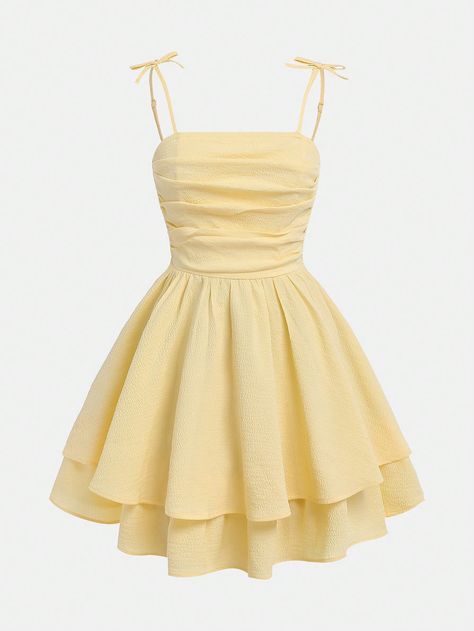 Teen Girl Woven Solid Color Ruched Layered Hem Casual Cami Dress Mustard Yellow   Sleeveless Woven Fabric Plain Cami Non-Stretch  Teen Girls Clothing, size features are:Bust: ,Length: ,Sleeve Length: Yellow Sweet Sixteen Dresses, Cute Yellow Dresses Summer, Yellow Dress Cheap, Spring Dresses For Teens, Mid Length Flowy Dress, Cute Dresses Pink Girly, Dresses For Middle School Dances Simple, Short Simple Prom Dresses, Grade 8 Grad Dresses Yellow