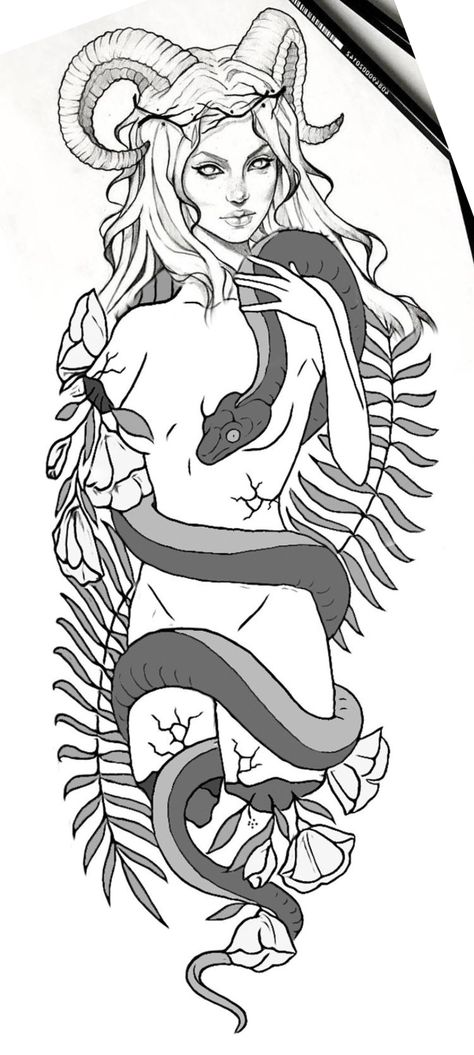 Lilith Serpent Tattoo, Lilith Back Tattoo, Dark Devine Feminine Tattoo, Lilith Sleeve Tattoo, Evil Goddess Tattoo, Lilith Coloring Pages, Lillith Goddess Art Tattoo, Lucifer And Lilith Tattoo Design, Capricorn Goddess Tattoos For Women