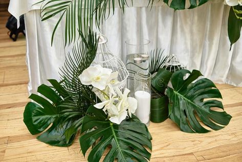 Lush floral arrangement of orchids flowers, monstera leaves and candles, copy space. Wedding presidium in restaurant. stock images Candles Photo, Flowers And Candles, Orchids Flowers, Banquet Table, Wedding Reception Centerpieces, Reception Centerpieces, Orchid Flowers, Monstera Leaves, Space Wedding