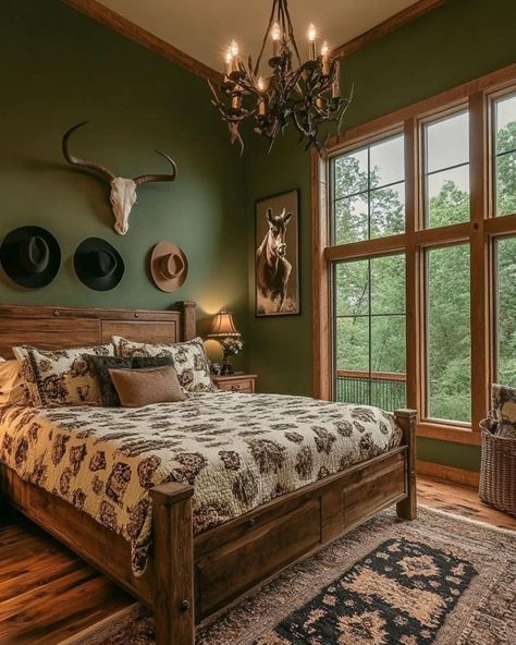 Rustic Western Home Decor Bedroom, Black Western Bedroom, Western House Interior, Ranch Bedroom Decor, Western Bedroom Ideas Ranch Style, Western Style House, Western Gothic Decor, Ranch Style Bedroom, Western Home Decor Bedroom