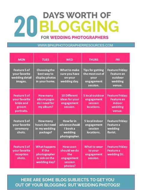 Wedding Photographers! I went ahead and made you a blogging schedule for what to blog in the slow season when you have nothing to blog! Your blog doesn't have to just be client features, it can be helpful articles. Use that space to feature vendors and network with other companies that are in the wedding industry. Blog Schedule, Blogging Ideas, Photo Gear, Content Calendar, Gadgets Technology Awesome, Web Business, Blog Template, Photography Marketing, Diy Photography