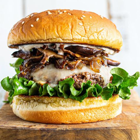 Beefy Mushroom Burger recipe Mushroom Burgers Beef, Mushroom Walnut Burger, Mushroom Provolone Burger, Burgers With Mushrooms, Mushroom And Swiss Burger, Mushroom Cheese, Mushroom Burger Recipe, Garlic Aioli Recipe, Roasted Garlic Aioli