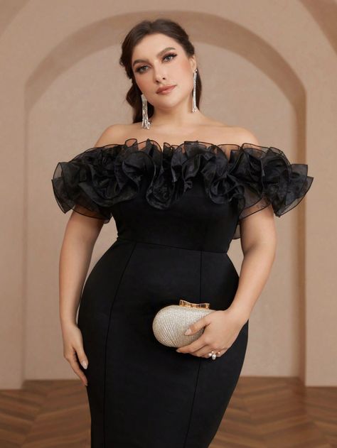 Black  Collar Sleeveless Knitted Fabric Plain Bodycon Embellished High Stretch  Weddings & Events Plus Prom Dresses, Wedding Guest Gowns, Beautiful Black Dresses, Evening Gown Dresses, Evening Dresses Plus Size, Black Evening Dresses, Plus Size Wedding, Prom Wedding, Formal Evening Dresses