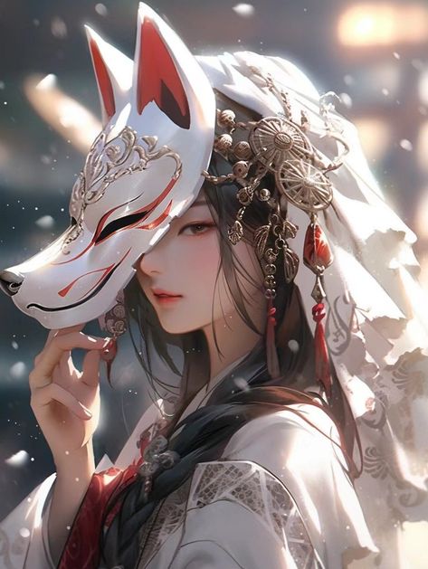 Kitsune Mask Art, Kitsune Woman, Kitsune Aesthetic, Tato Geisha, Kitsune Art, Japanese Masks, Japanese Goddess, Cat Phone Wallpaper, Kitsune Mask