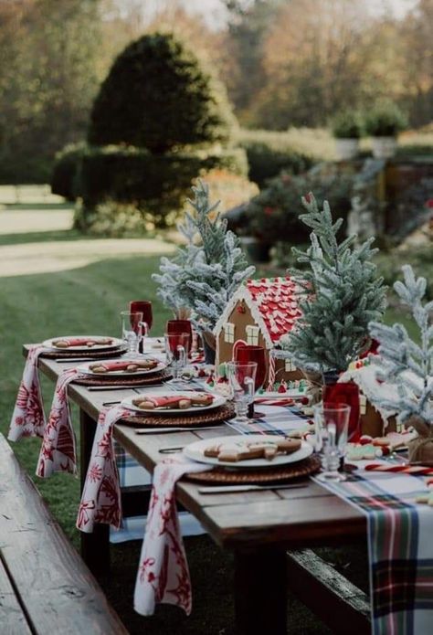 Christmas Farm Table Decor, Kids Christmas Tablescape, Best Christmas Table Settings, Christmas Dinner Outside, Christmas Picnic Table Decor, Fun Christmas Table Decorations, Outdoor Christmas Table Decor, Christmas Table Theme Ideas, Whimsical Christmas Tablescapes