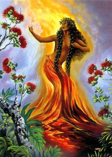 Pele is one of the most well known and revered in Hawaiian mythology. Pele is a goddess of fire, lightning, dance, wind, volcanoes and violence. Pele Hawaiian Goddess, Goddess Pele, Hawaiian Goddess, Volcano, The Sun, A Woman, Trees, Sun, Flowers