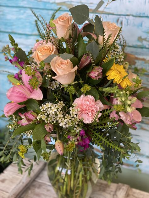 Designer's Choice arrangement; Large; subtle shades of pinks; roses, lilies, carnations, gerbers, alstromeria, silver dollar eucalyptus; Carnation Arrangements, Dollar Eucalyptus, Silver Dollar Eucalyptus, Silver Dollar, Garden Flowers, Side View, Flower Garden, Planting Flowers, Roses