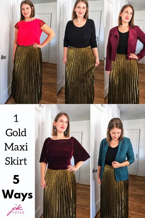 Sharing some fun ways to style a metallic gold maxi skirt. From more casual to extra fancy, these are some options that might work for you! #howtowear #styletips #affordablefashion Gold Skirt Outfit Metallic, Gold Pleated Skirt Outfit, Metallic Pleated Skirt Outfits, Gold Skirt Outfit, Pleated Skirt Outfits, Gold Pleated Skirt, Pentecostal Outfits, Pleated Skirt Outfit, Metallic Pleated Skirt