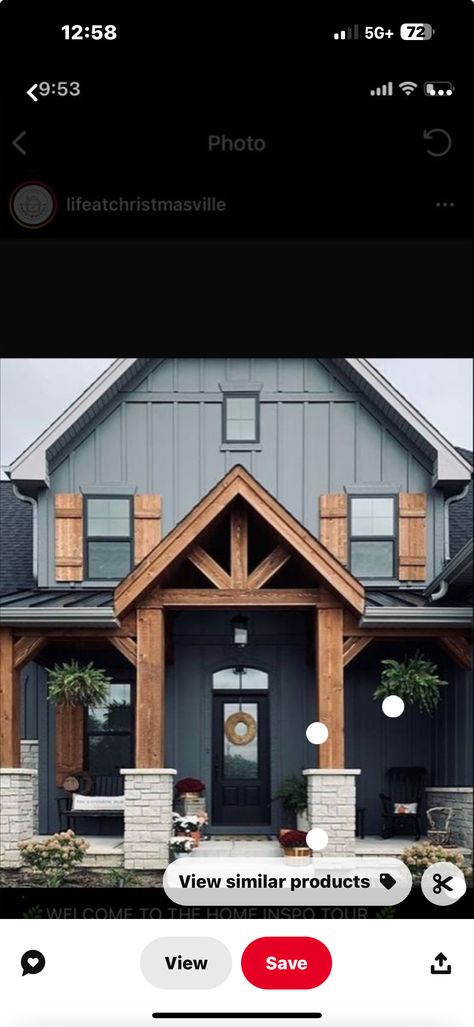 Cedar Shutters Grey House, Blue House Wood Accents, Cedar Gables On House Exterior Diy, Dark Exterior With Cedar Accents, Exterior House Colors With Wood Accents, Farmhouse Siding Colors, Gray House With Cedar Accents, Blue House Exterior With Wood, Navy Blue House Exterior With Cedar