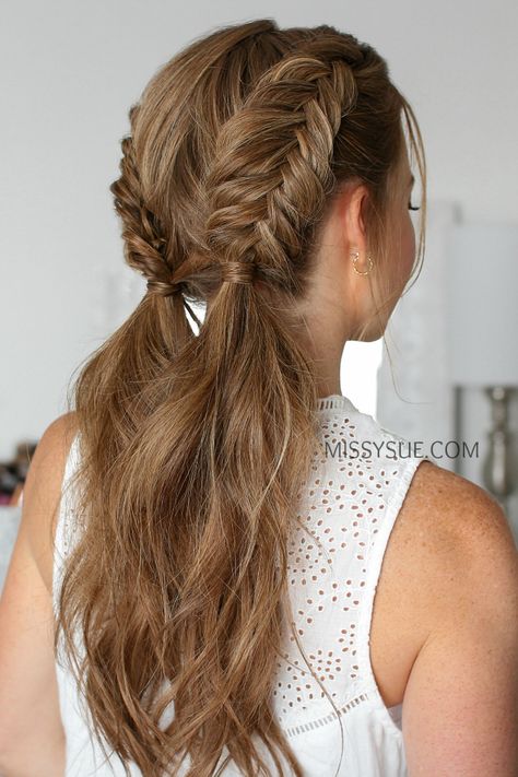 Fishtail Braid On Top Of Head, Dutch Braids Wedding Hair, How To Do 2 Fishtail Braids, Cheat Fishtail Braid, Dual Braid Hairstyle, French Braid Formal Hairstyles, Double Fish Tail Braid, Warrior Braids Woman Hairstyles, How To Do A Dutch Fishtail Braid