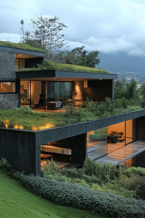 Modern green exterior house with earth roof. Check out all of these green exterior houses that offer a mix of creative and eco-friendly designs. Eco Friendly Architecture Design, Green Roofs On Houses, Natural House Exterior, Modern House Nature, Earthy House Exterior, Modern Office Exterior, Eco Modern House, Modern Eco House Design, Organic Modern Exterior