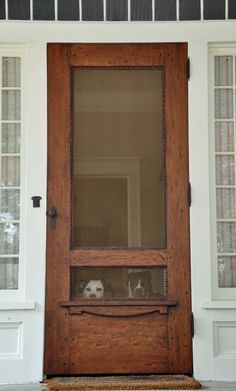 great idea - old wood door into screen door Front Door With Screen, Vintage Screen Doors, Old Screen Doors, Wooden Screen Door, Diy Screen Door, Door Screen, Harness Dog, Farmhouse Front Door, Porch Doors