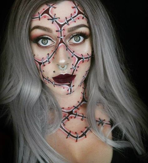 Face Stitches Halloween Makeup, Stitch Face Makeup, Stitched Face Makeup, Halloween Makeup Stitches, Nightmare Makeup, Spfx Makeup, Painted Ladies, Eye Makeup Tips, Up Halloween