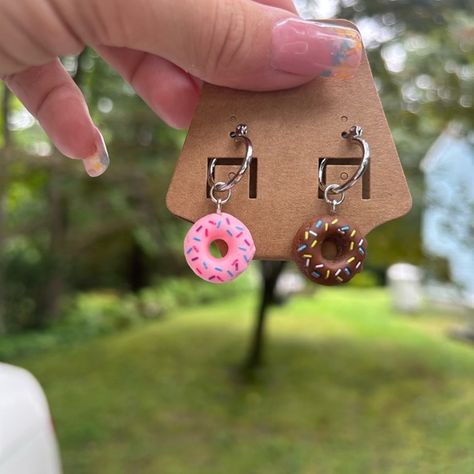 DONUT EARRINGS. NEVER WORN.懶 Polymer Clay Donut Earrings, Donut Earrings Polymer Clay, Donut Necklace Gemstones, Donut Jewelry Pendants, Donuts Earrings, Pink Brown, Donuts, Pink Ladies, Jewelry Earrings