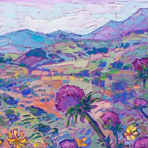 California Hills, Expressionist Landscape, Wildflower Drawing, Erin Hanson, Yellow Wildflowers, Floral Oil, Floral Oil Paintings, Impressionism Art, Floral Wall Art