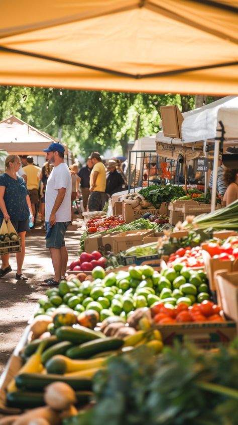 Bustling Farmers Market: Shoppers interact amidst vibrant stalls laden with fresh produce at a sunny local farmers market. #market #vegetables #fruits #shopping #summer #aiart #aiphoto #stockcake ⬇️ Download and 📝 Prompt 👉 https://ayr.app/l/s4ey Paris Locations, Farmers Market Aesthetic, Farmers Market Shopping, Fresh Produce Market, August Aesthetic, Blender Scene, Farmers Market Booth, Community House, Produce Market