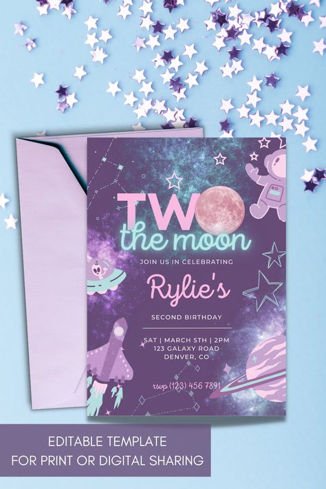 Two The Moon Birthday Party Twins, Two The Moon Birthday, Two The Moon And Back Birthday Party Girl, 2 The Moon And Back Birthday Party, Two The Moon Birthday Party Girl, 2nd Birthday Party Invitations, Two The Moon Birthday Invitations, Second Birthday Girl Theme, Love You 2 The Moon Birthday