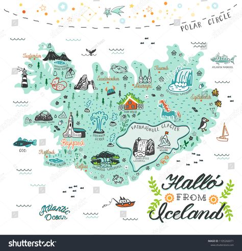 Hand drawn illustration of Iceland map with tourist attractions. Travel concept. Hallo (icelandic language) - Hello.Iceland#map#tourist#Hand Iceland Photography Landscapes, Iceland Travel Summer, Iceland Wallpaper, Icelandic Language, Iceland Travel Photography, Iceland Honeymoon, Hello In Languages, Iceland Flag, Iceland Map