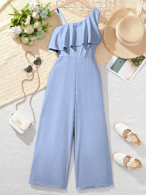 Blue Cute Collar Sleeveless Fabric Plain Shirt Embellished Non-Stretch  Tween Girls Clothing Jumpsuits For Girls Teens, Cute Jumpsuits, Baby Fancy Dress, Jumpsuit Blue, Casual Outfits For Teens, Cute Dress Outfits, Teen Girl Dresses, Blue Cute, Trendy Dress Outfits