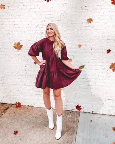 Burgundy Dress Ankle Boots, White Booties Brown Dress, Burgundy Mini Dress For Fall, Burgandy Boot Outfit, Burgandy Boot Outfit Fall, Burgundy Dress Fall, Burgundy Mini Dress, Fall Fashion Dresses, White Booties