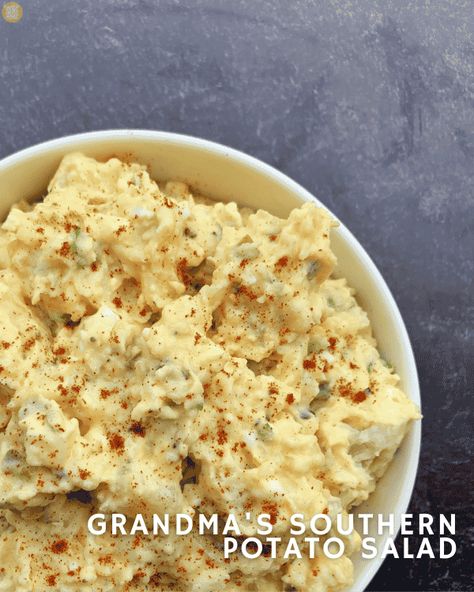 My Grandma's Southern Potato Salad is the sweet kind and full of flavor. Russet potatoes and boiled eggs are folded into a creamy sauce. #deepfriedhoney #southernfood #potatosalad #sidedishes #recipes Soul Food Potato Salad, Making Potato Salad, Best Potato Salad Recipe, Homemade Potato Salads, Southern Potato Salad, Salad Sauce, Drying Dill, Sweet Pickles, Potatoe Salad Recipe