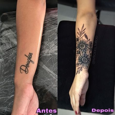 Cover Up Tattoos Back Of Arm, Flower Tattoo On Wrist Cover Up, Covered Up Tattoos For Women, Family Cover Up Tattoos, Cover Up With Flowers Tattoo, Tattoo Cover Up Forearm Women, Cover Up Tattoos On Forearm, Name Cover Up Tattoos For Women On Wrist, Flower Cover Up Tattoo Arm