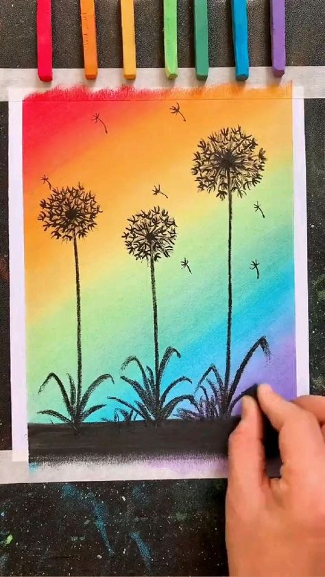 Draw Dandelion, Crayon Painting, Oil Pastel Drawings Easy, Soft Pastels Drawing, Seni Pastel, Soft Pastel Art, Crayon Drawings, Seni 2d, Oil Pastel Paintings