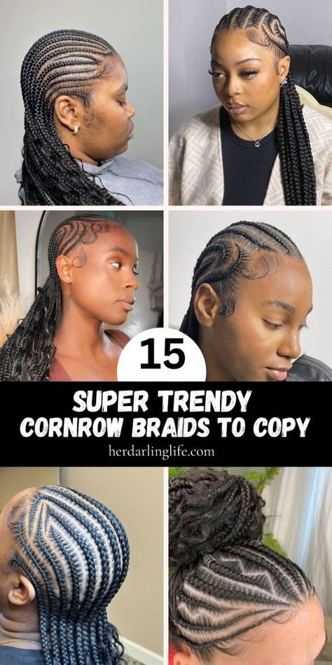 Cornrows On Dark Skin- Choose braids with curls in the back for a lasting look! These braids for black women that last long are perfect for any occasion. Opt for braids that don’t take long to do and braids you can sleep in. Try one attachment hairstyles for a natural style……cornrows that go back,cornrow ideas for black women, cornrow inspo black women Cornrows Braids Hairstyles 2024, Full Cornrow Hairstyles, Cornrow And Knotless Braids, Cornrow Undercut, Corn Rolls With Knotless Braids, Braid To The Scalp Hairstyles, Cornrows Braids With Curls, Layered Cornrows Braids, Black Women Cornrow Hairstyles