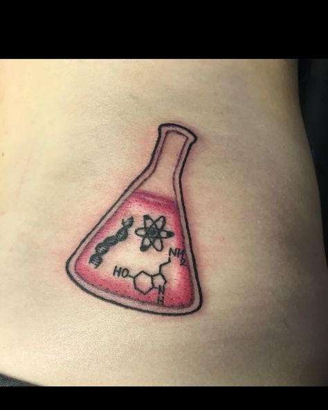 Erlynmeyer flask tattoo Chemistry Tattoos For Women, Science Flask Tattoo, Flower In Beaker Tattoo, Erlenmeyer Flask Tattoo, Science Tattoo Ideas Chemistry, Beaker Tattoo, Flask Tattoo, Tattoos Science, Erlenmeyer Flask Bar