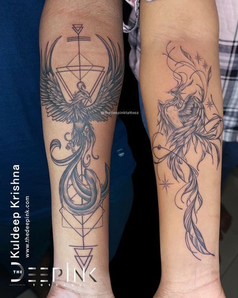 Get a unique master piece tattoo with us Unique Couple Tattoo, Phoenix Tattoo Arm, Hawk Tattoos, Front Thigh Tattoos, Phoenix Tattoo For Men, Half Sleeve Tattoos Sketches, Koi Tattoo Sleeve, Small Phoenix Tattoos, Couples Tattoo