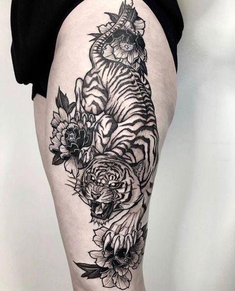 Tiger On Leg Tattoo, Floral Arm Tattoo Color, Thigh Tiger Tattoo Women, Tiger Tattoo Leg, Tiger And Dragon Tattoo, Tiger Thigh Tattoo, Tiger Tattoo Thigh, Arm Tattoos Color, Portfolio Reference