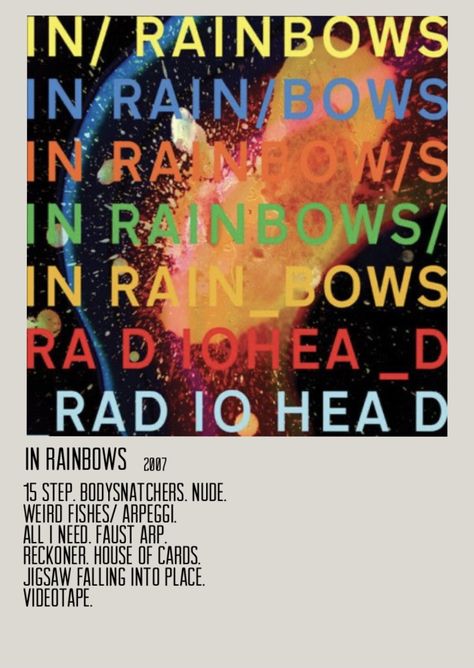 In Rainbows Radiohead, Radiohead In Rainbows, Radiohead Poster, Radiohead Albums, Radiohead Songs, Radiohead The Bends, Music Edits, Polaroid Album, In Rainbows