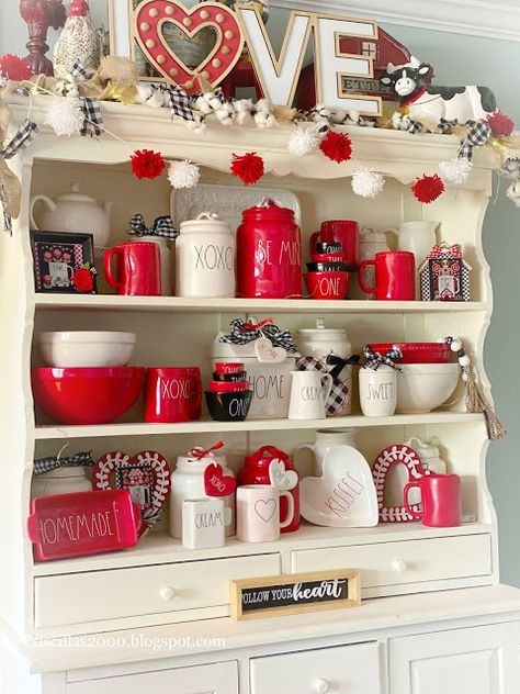 Valentine's Kitchen Decor, Hot Coco Hutch, Valentine Kitchen Cabinet Decor, Valentines Cabinet Decor, Valentine’s Day China Cabinet, Hutch Display, Kitchen Hutch, Book Page Wreath, Home Coffee Stations