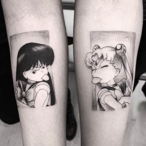 Shen Long Tattoo, Cat Tattoo Ideas, Cousin Tattoos, Twin Tattoos, Floral Thigh Tattoos, Sailor Moon Tattoo, Flower Wrist Tattoos, Manga Tattoo, Gemini Tattoo