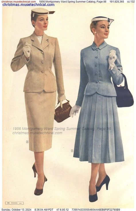 1956 Montgomery Ward Spring Summer Catalog, Page 86 - Catalogs & Wishbooks 1950 Office Fashion, 1950s Womens Suit, Womens Tailoring, 1950's Dresses, 1950 Women, 1940's Fashion, Fashion 50s, Soft Gamine, 20th Century Fashion