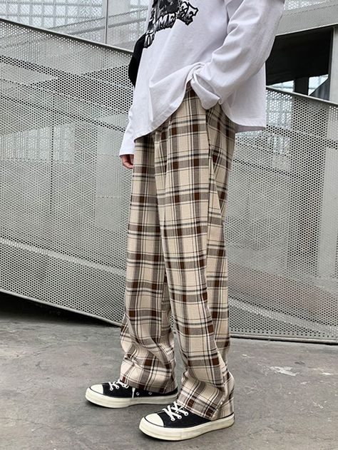 Khaki Preppy   Cotton Blends Linen Plaid Wide Leg  Non-Stretch Spring/Summer/Fall Men Bottoms Plaid Pants Men Outfit, Plaid Trousers Outfit, Plaid Dress Outfit, Trousers Outfit Men, Sheep Pattern, Gymwear Outfits, Bts Clothing, Pants Outfit Men, Aesthetic Outfits Men