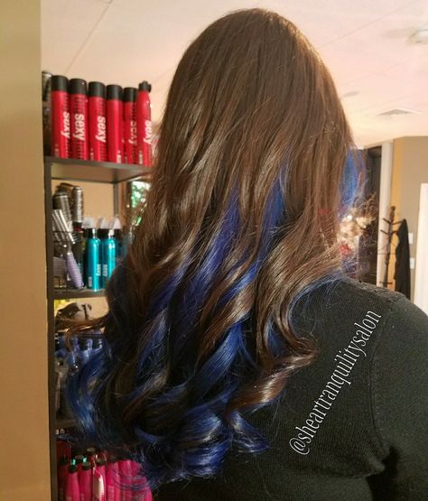 Dark Blue Streaks In Brown Hair, Dark Brown And Blue Hair, Light Brown Hair With Blue Highlights, Brown Hair With Blue Highlights, Hair Blue Highlights, Rebecca Steam, Streaks Highlights, Blue Quinceanera Theme, Blue Brown Hair