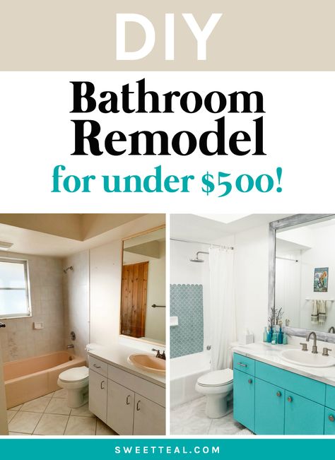 DIY Bathroom Remodel For Under $500. This cheap bathroom renovation was easy to do and only cost a little compared to other bathroom renovation costs. I created a coastal farmhouse bathroom, complete with a teal vanity and blue scalloped shell tile. #beforeafter #bathroomprogress #bathroomrenovation #beforeandafterbathroom #homedecor #homerenovation Diy Affordable Bathroom Remodel, Cheap Bathroom Renovation, Lowe’s Bathroom Remodel, Agean Teal Bathroom, Blue Tile Bathroom Vintage Update, Upgrade Bathroom On A Budget Master Bath, Affordable Bathroom Remodel, Bathroom Renovation Diy, Coastal Bathroom Decor