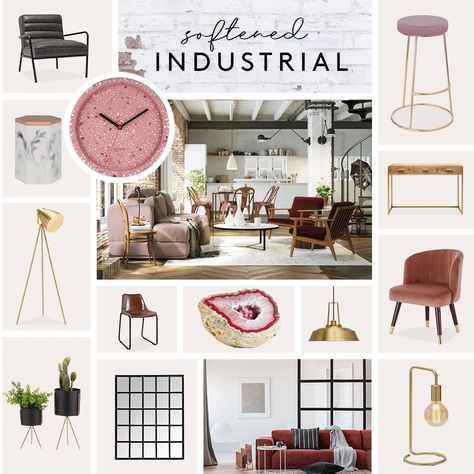 Pink Industrial Interior, Industrial Feminine, Pink Industrial, Bright Interior, Industrial Chic, Industrial Furniture, Sitting Room, Furniture Lighting, Mid Century Design