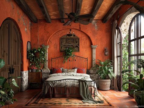 Spanish Ranch Style Homes, Hacienda Style Bedroom, Hacienda Style Homes Mexican, Hacienda Style Kitchen, Mexican Bedroom, Colonial Interior Design, Mexican Hacienda, Hacienda Style Homes, Colonial Interior