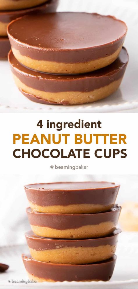 4 Ingredient Dark Chocolate Peanut Butter Cups (Vegan) - Beaming Baker Paleo Peanut Butter Cups, Date Peanut Butter Cups, Travel Meals, Beaming Baker, Healthy Reciepes, Peanut Butter Dark Chocolate, Vegetarian Eating, Bake Ideas, Raw Treats