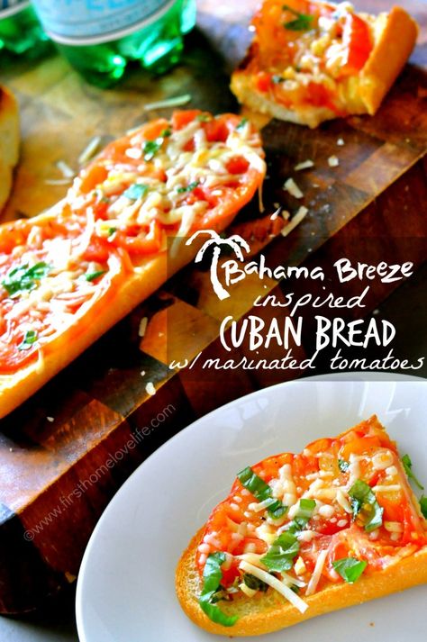 Bahama Breeze Inspired Cuban Bread with Tomatoes #copycat #recipe #bread #tomatoes #pizza Cuban Bread Recipe, Pork Marsala, Cuban Bread, Mayo Salad, Bahama Breeze, Marinated Tomatoes, Salad Avocado, Cream Salad, Cuban Food