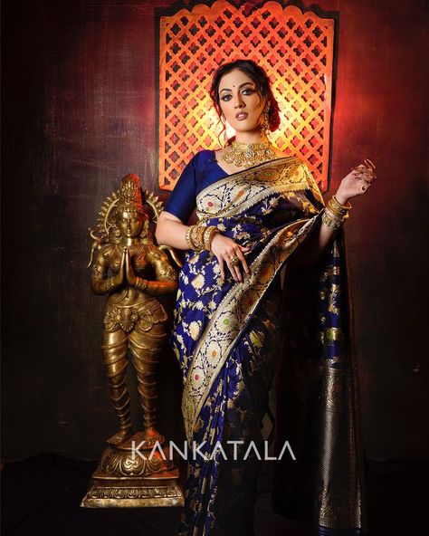 Aditi Sharma looks divine in Royal Blue Banarasi Silk Kadwa Jaal Saree from Navratri Special Daivatvam collection. The royal blue silk base radiates with a gold zari floral kadwa jaal and meenakari hints. The handpicked weave is woven in Banaras. The edition features 9 shades of divinity and on day 3 of Navratri Aditi represents goddess Chandraghanta draped in Royal Blue. #Daivatvam #9colorsofdivinity #mahagauri #festiveedition #navadurgaseries #weavesofindia Royal Blue Banarasi Saree, Goddess Chandraghanta, Navy Blue Saree, Saree Ideas, Banaras Sarees, Aditi Sharma, Simple Saree Designs, Bengali Bride, Plus Size Looks