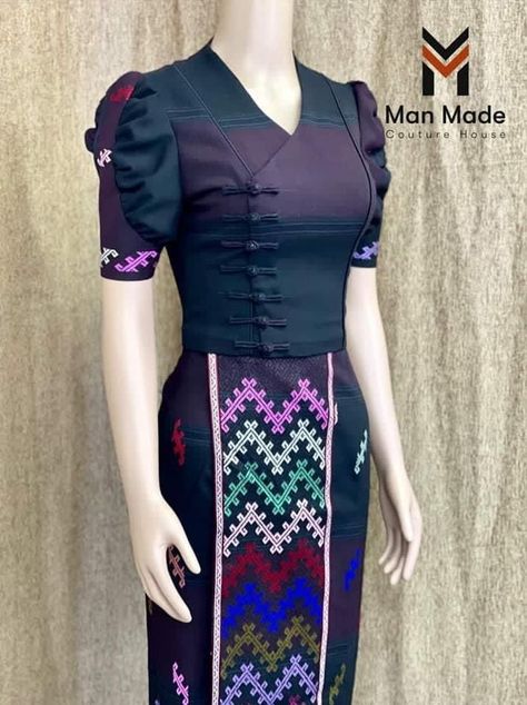 Myanmar Dress Design Fashion, ကချင်ထည် Design, Kachin Dress, Myanmar Outfit, Burma Dress, Myanmar Fashion, Asian Style Dress, Fancy Short Dresses, Myanmar Clothes