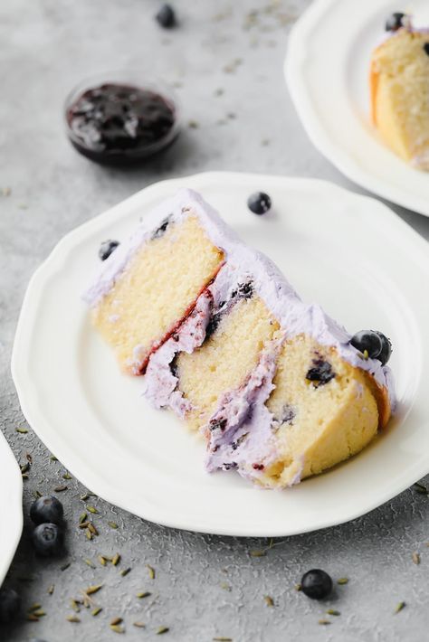 Vegan Lemon Blueberry Lavender Cake - Nora Cooks Blueberry Lavender Cake, Lavender Cake Recipe, Dinner Recipes Vegan, Nora Cooks, Vegan Lemon Curd, Vegan Lemon Cake, Blueberry Lavender, Vegan Birthday Cake, Lavender Cake