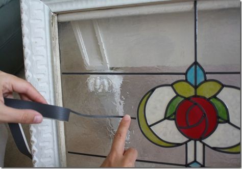 Tutorial-Faux Vintage Stained Glass Windows for pennies Stained Glass Faux Diy, Diy Stained Glass Window Paint, Fake Stain Glass Windows Diy, Fake Stained Glass Diy, Diy Faux Stained Glass Window, Faux Stained Glass Diy, Painting On Glass Windows, Diy Stained Glass Window, Diy Staining