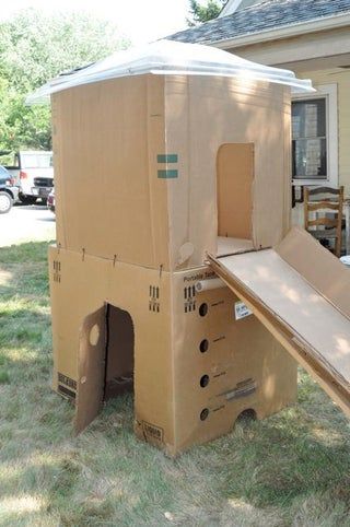 2-Story Cardboard Clubhouse : 7 Steps (with Pictures) - Instructables Cardboard House Craft, House Craft Ideas, Box Forts, Cardboard Box Fort, Cardboard Forts, Cardboard Rocket, Cardboard Crafts Kids, Cardboard Playhouse, Cardboard Castle