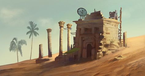 Egyptian Ruins, Gloria Ocete on ArtStation at https://www.artstation.com/artwork/3oL1kg Egyptian Ruins, Dnd Campaign, Egypt Art, Fantasy Landscape, Lamp Post, Egypt, Bible, Halloween, Building